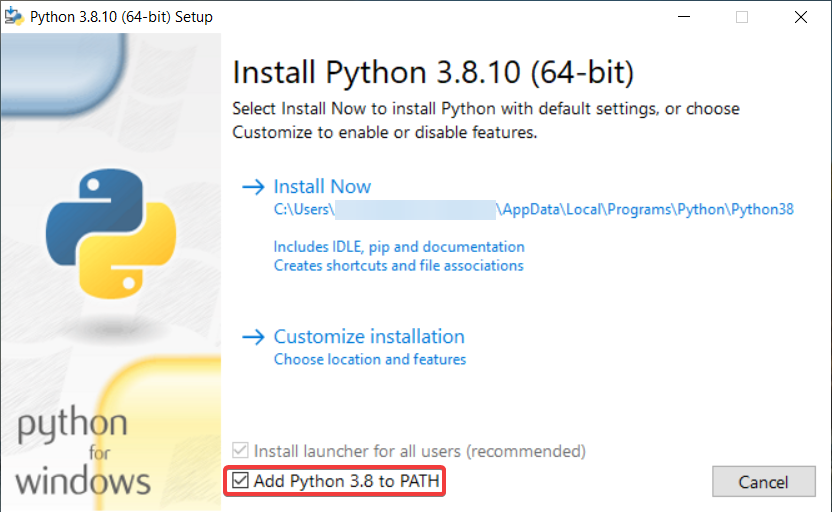Python setup with Add Python 3.8 to PATH selected